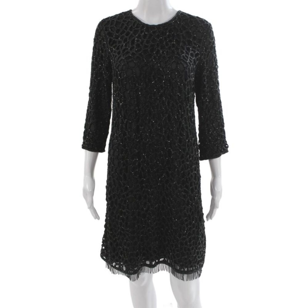 Parker Black Women Shift Dress Black Crew Neck 3/4 Sleeve Above Knee Size 8